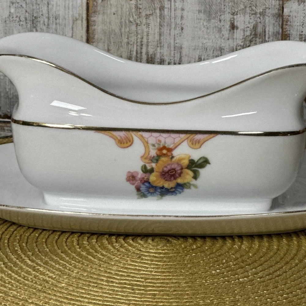 Vintage Epiag Bridal Rose Gravy Boat Czechoslovakia 1930s With Underplate